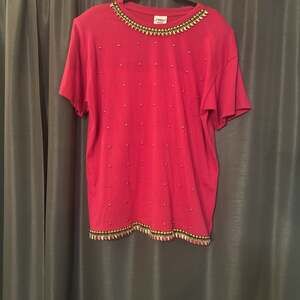 Superline Fuschia Short-Sleeve T-Shirt with Beaded Neckline